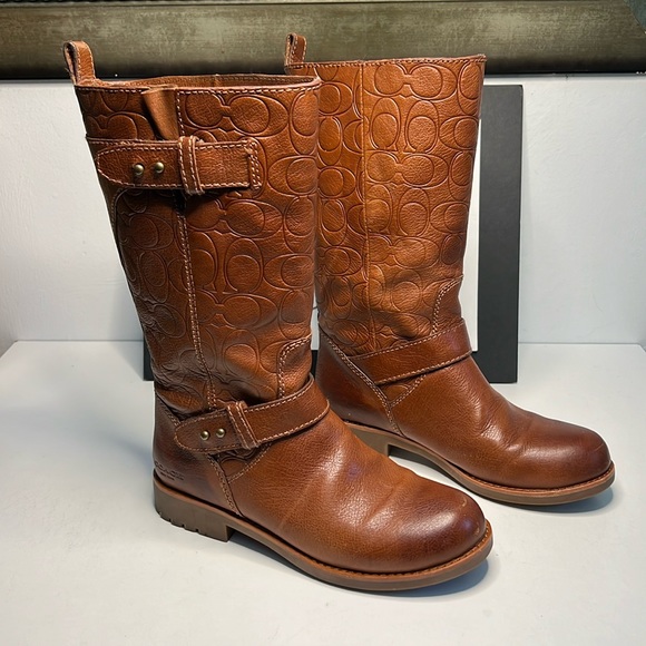 Coach Virginia Women's Cinnamon Brown Embossed Leather Mid-Calf Boots Size 5.5 B - Picture 1 of 16